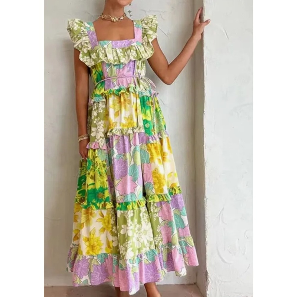 Dalia MacPhee Patchwork Floral Ruffle Maxi Dress Green Pink XL